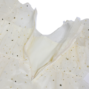 שמלת נסיכה מבד שיפון לילדות, ניתנת להתאמה אישית, עם שרוולים נפוחים מנוקדים בזהב, חצאית מדורגת מרשת שקופה, בסגנון קז'ואל, ODM - Product Image 4