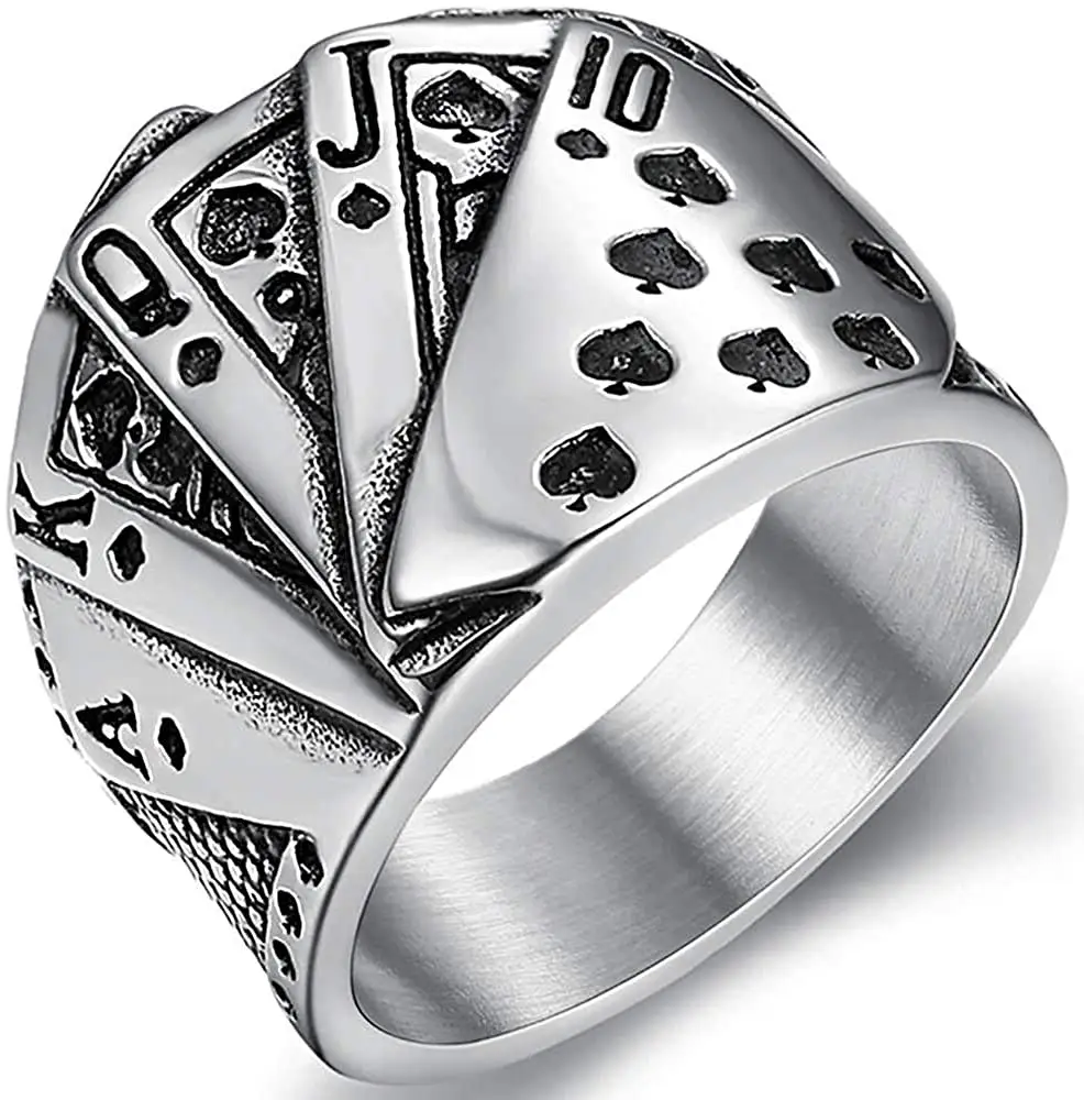 Нержавеющая сталь Техасский Холдем игры королевские флеша казино коктейльное кольцо для байкеров маг ювелирные изделия