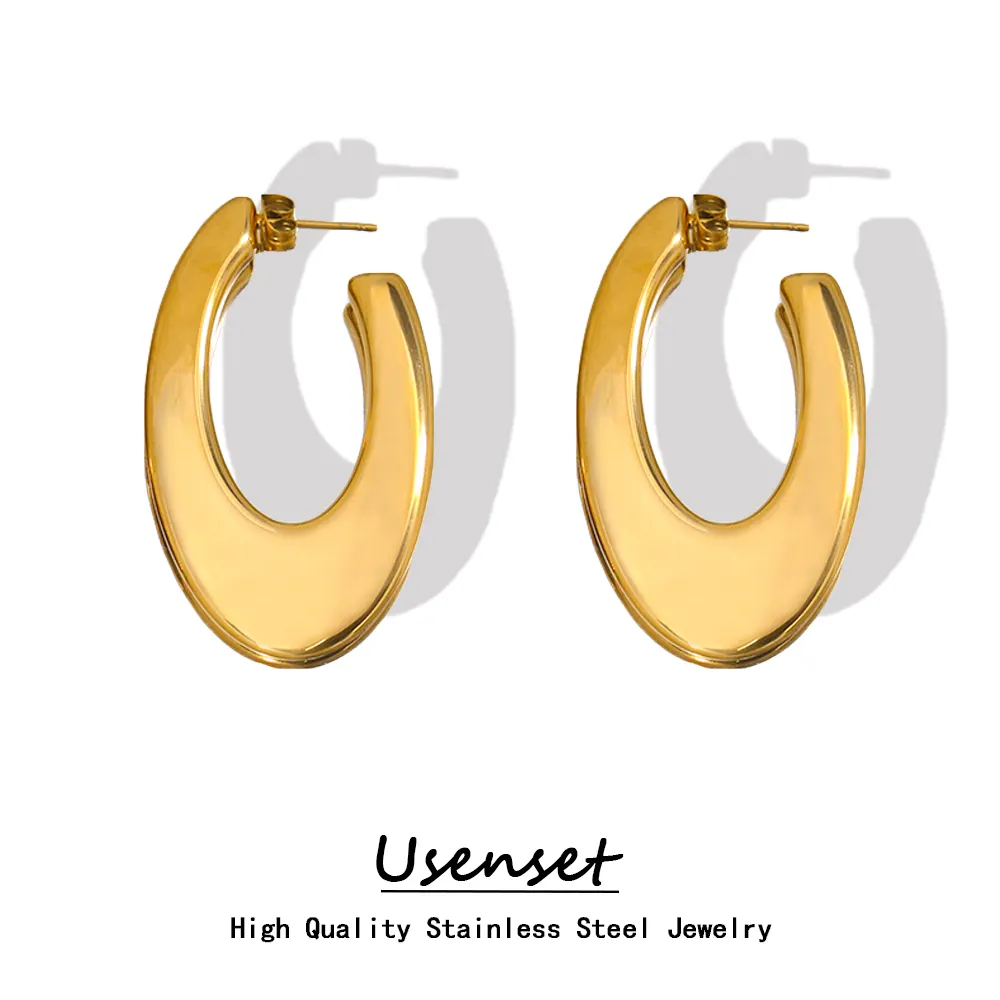 USENSET French Style Geometric Oval U-shaped Hoop Earrings For Women 18K Gold Plated Stainless Steel Earrings Jewelry