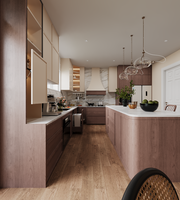 Lemari Dapur Melamin Bentuk L Minimalis Modern Set Lengkap Modular Tahan Air Desain Grafis untuk Vila Apartemen Kamar Tidur