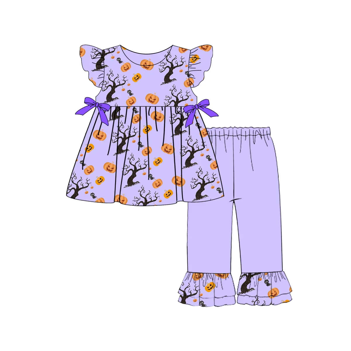 Halloween 3D bowknot stampa zucca manica con volant boutique bambini bambine set di abbigliamento per la cura della pelle