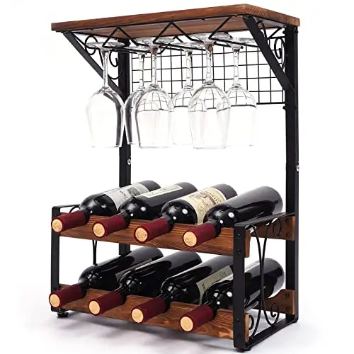 Estantes de exhibición de soporte de vino independiente sólido de 2 niveles con capacidad para 8 botellas de vino y 6 copas soporte de almacenamiento de vino de encimera