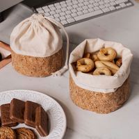Panier à pain réutilisable en toile de coton 100 % non blanchi et liège naturel, respectueux de l'environnement, avec cordon de serrage