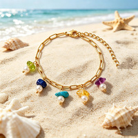 Parure de bijoux de luxe léger en acier inoxydable avec pierres naturelles colorées et perles d'imitation, collier et bracelet pour femme, style décontracté