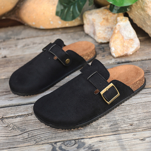 Mules en daim à bout fermé pour femme, avec bride à boucle, talon plat, sabots souples, chaussures décontractées, camel, noir, kaki - Product Image 1
