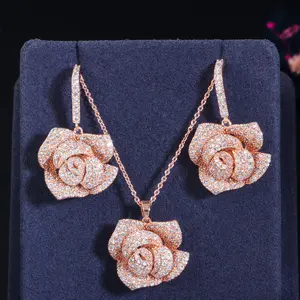 Fashion merek geometris bunga desain kubik zirkon wanita warna Rose Gold anting liontin besar Kalung Set Perhiasan untuk anak perempuan