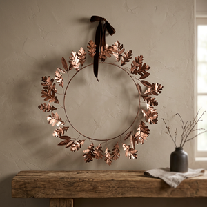 Guirnalda Decorativa Redonda Rústica Hecha a Mano con Hojas de Roble y Cobre, Sin Iluminación, Pieza Única - Product Image 2