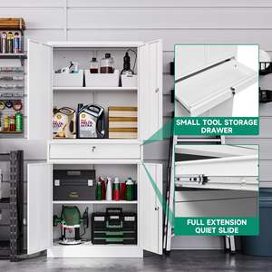 PULAGE 금속 차고 보관 캐비닛-4 도어 흰색 도구 캐비닛, 잠금 장치 및 2 개의 조절 가능한 선반이있는 서랍 장치 - Product Image 6