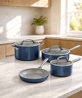 Vente en gros d'usine - Ensemble de 7 casseroles et poêles en aluminium forgé bleu de qualité supérieure, compatibles induction, avec poignées en acier inoxydable pour une cuisson professionnelle