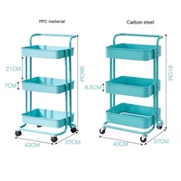 Chariot de rangement pliable à 3 niveaux en métal et plastique, avec poignée et roues, pour le transport manuel de linge et autres usages.