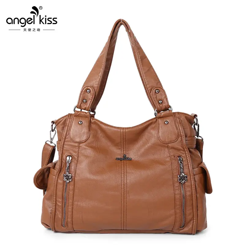 Wholesale hot sale brown ladies handbag pu leather shoulder bag large capacity tote bags hand bags for women