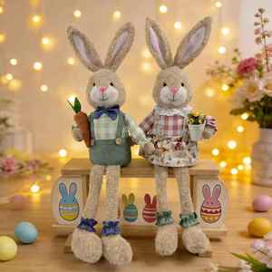 Conejitos de Pascua de Peluche, Pareja de Conejos de Dibujos Animados, Adorno para Estante, Figura de Conejo con Maceta de Zanahoria, Decoración de Primavera para el Hogar, Personalizado - Product Image 3