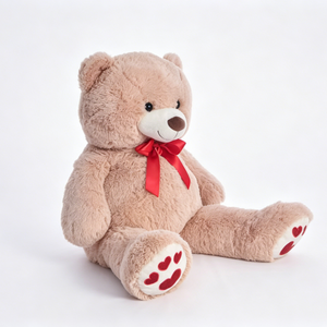 Customized Light Brown Teddy Bear Plush, Soft Sitting Stuffed Bear with <b>Red</b> Satin Neck <b>Bow</b> & Embroidered <b>Red</b> Heart Paw Prints - Product Image 4