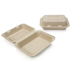 SUMKOKA ağır çin çevre dostu tek kullanımlık biyo şeker kamışı Bagasse Takeaway 9x6 inç kapaklı yemek kabı menteşeli kapaklı