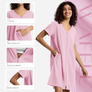 Bata de mujer 100% algodón con tejido gofrado, cierre frontal con cremallera, manga corta, largo hasta la rodilla, bata con cremallera, batas de spa, ropa de dormir para mujer, ropa al por mayor - Product Image 4