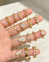 Cincin Emas Terbuka Berhiaskan Kristal CZ dan Mutiara Motif Daun untuk Wanita, Cincin Jari yang Dapat Disesuaikan dan Ditumpuk, Perhiasan Pesta Botani Trendi, Hadiah