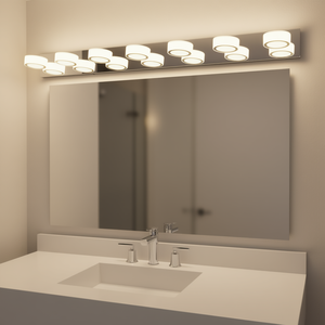Luminaire LED moderne pour miroir de salle de bain, 52 pouces, finition chromée, 7 lumières, intensité réglable, montage mural, blanc chaud 3500K - Product Image 2