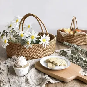 2024 New Camping Ratan Picnic Basket Simple Style Bread Rattan Basket Woven Storage Basket