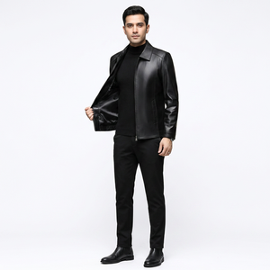 Chaqueta Varsity de Cuero Genuino de Piel de Vaca Delgada con Revestimiento Personalizado OEM, Cuello Alto Tejido, para Hombre, Uso Otoñal, Cierre Frontal con Cremallera, Nueva Moda - Product Image 1