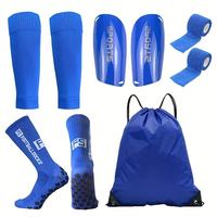 Ensemble de cinq pièces : Chaussettes de football en coton avec logo personnalisé, grip sportif, protège-tibias, sangles de maintien et sac à cordon