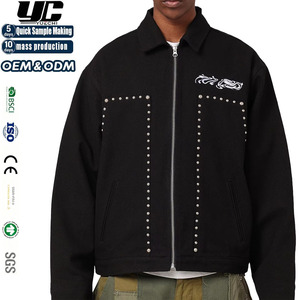 Custom Studded Embroidered Acid Wash Heavyweight Denim Zip-up Oversized Streetwear <strong>Gothic</strong> Rivet Punk <strong>Men's</strong> Trucker <strong>Jacket</strong> - Product Image 1