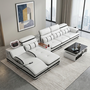 Divano Modulare Moderno in Pelle Bianca <span class=keywords><strong>e</strong></span> Nera - Set Sezionale di Lusso per Soggiorno Minimalista con Arte Astratta - Product Image 5