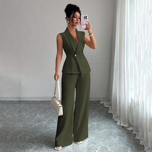 Ensemble de costume sans manches pour femmes, couleur unie, pantalon droit, deux pièces, vêtements de travail décontractés, Smlxlxxl - Product Image 3