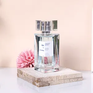 Frascos de vidro transparente com caixa personalizada, frascos de vidro transparente com fragrância quadrada longa e alta de 100ml