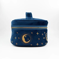 Sac de rangement de luxe pour pinceaux de maquillage, avec logo personnalisé, broderie Soleil et Lune, en velours bleu marine, sac de voyage pour cosmétiques avec poignée