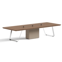 Table de conférence de bureau réglable en hauteur, style luxe léger, grande taille, en bois, avec pieds en acier inoxydable et passe-câbles latéral