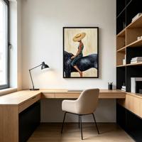Femme avec un large chapeau de paille montant à cheval noir, impression sur toile encadrée, cadre en aluminium noir, art mural pour la décoration du bureau ou du salon