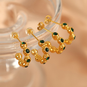 Pendientes de Aro Dorados con Esmeralda y Zirconia, Engaste de Bisel, Forma Geométrica de Bola, Joyería de Moda para Fiesta para Mujer - Product Image 1