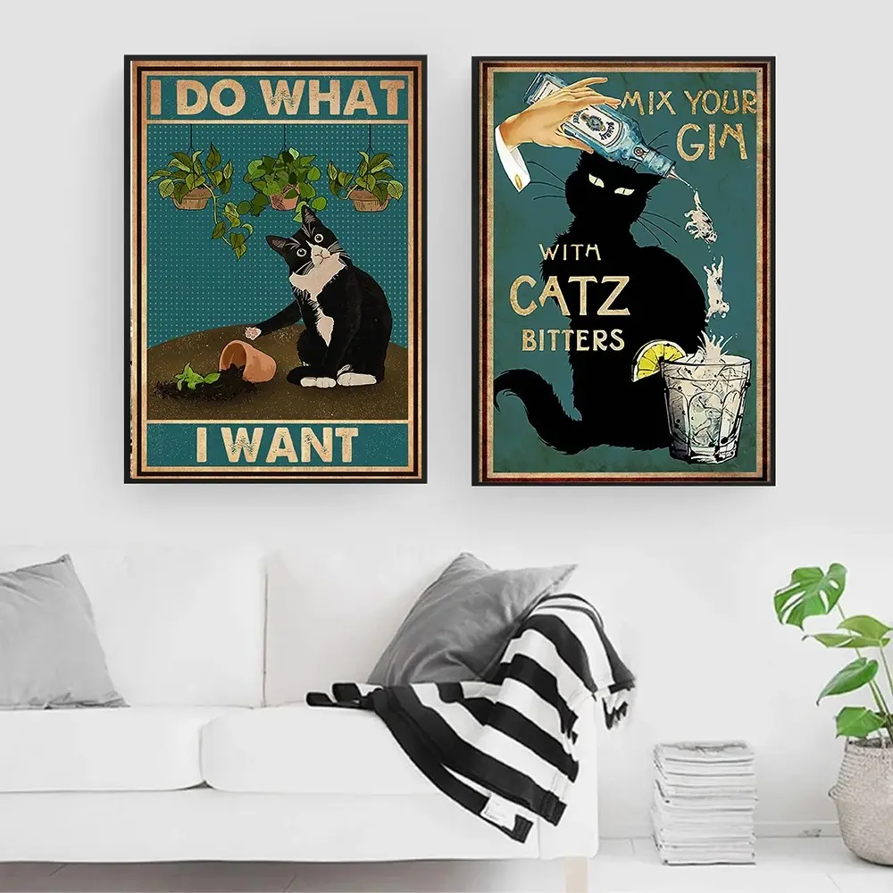 Black Cat Poster Art Print Vintage Get Retro Funny Bathroom Sign Canvas Painting Home Decor