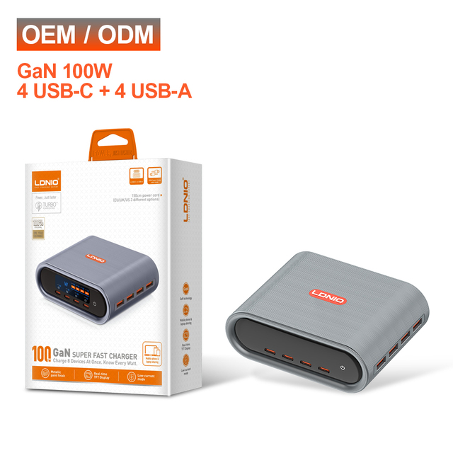 LDNIO Q17 Custom Logo 100W GaN 8-Port USB Charging Station with 100W Fast Charging Cable
