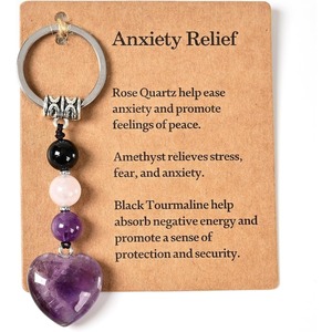 2026 Trendy Anxiety Relief Keychain Heart Crystal Bead Keychain Natural Healing Stones Keychain Bag Charms Key Chain with Card