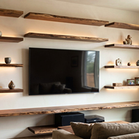 Support TV mural flottant sur mesure en bois massif de 100 pouces, extra long, avec bords naturels et supports métalliques robustes