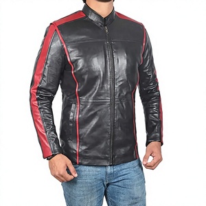 Blouson en cuir chauffant pour homme LONG MISSION INDUSTRY, noir, style motard, avec col mandarin et fermeture éclair, empiècements rouges - Product Image 1