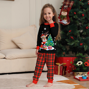 Pijamas familiares navideños a juego para madre, niña, niño, bebé, con estampado de ciervo y árbol de Navidad, conjunto de pijamas navideños a cuadros con cuello redondo - Product Image 3