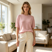 Pull décontracté brodé de haute qualité pour femme, col rond, manches courtes, couleur rose, coupe ajustée, vente en gros, OEM & ODM Theodore