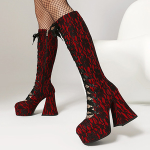 Summer Front Cut Out Knee High Boots Women's Lace-up Platform Chunky <b>Heels</b> Long Booties Sexy <b>Round</b> <b>Toe</b> Lace Shoes - Product Image 3