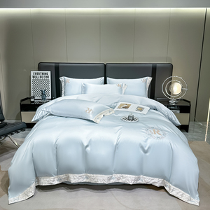 Nữ Hoàng Kích Thước 100% Lyocell Sợi Chăn Bìa Tấm Ga Trải Giường Đặt 300TC Rắn Màu Xanh Thêu Mô Hình Cổ Điển Nhà Dệt Bộ Đồ Giường <span class=keywords><strong>4</strong></span> <span class=keywords><strong>Pcs</strong></span> - Product Image 1