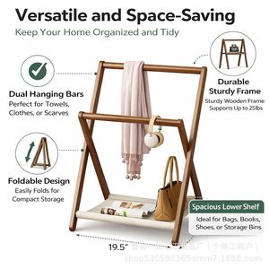 Clothing Organizer Foldable Wooden <b>Rack</b> With Canvas <b>Shelf</b> For Bedroom Storage - Product Image 3