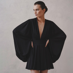 Abito Corto da Donna Nero Sexy con Scollo a V e Maniche a Bolla alla Francese, Vita Alta, Nuova Collezione Primavera 2026 - Vendita all'Ingrosso per Boutique - Product Image 2