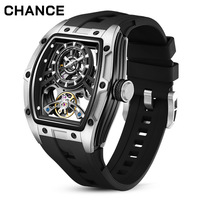 Montre mécanique pour homme, boîtier tonneau, cadran à aiguilles lumineuses, lunette à vis, mouvement apparent, bracelet en silicone, style hip-hop