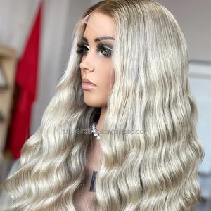 2025 timide nouveau Design HD 13*5 Patchwork dentelle avant brut vierge blond Ombre gris cendre avec racine luxe vague profonde perruques - Product Image 1