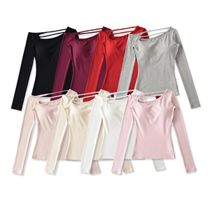 <span class=keywords><strong>Camiseta</strong></span> de manga larga con un hombro descubierto, acolchada, ligera, transpirable, de color macaron, estilo coreano, nueva colección de primavera. - Product Image 1