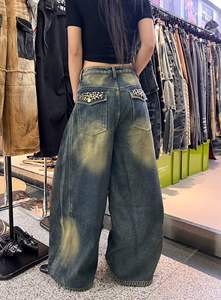 Vaqueros anchos vintage para mujer, pantalones cargo de mezclilla con remaches y patchwork, corte holgado, estilo urbano - Product Image 2