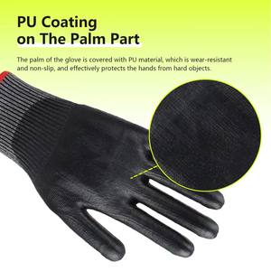 Guantes de Trabajo Resistentes al Corte Nivel E ANSI A5 Recubiertos de PU Negro Ajuste Elástico Cómodo Protección Anticorte Nivel 5 - Product Image 4