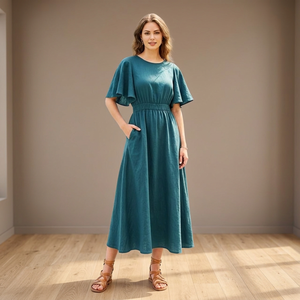 100% Cotton Vintage Bell Sleeve V-neck <b>High</b> <b>Waist</b> Midi Beach Vacation <b>Dress</b> Pockets Minimalist A-Line Bow Breathable Loose Fit - Product Image 3