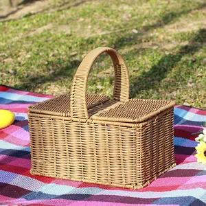 Wholesale Square Wicker Picnic Basket Shopping Basket With Lid And Custom Liner For Outdoor Camping Picnic